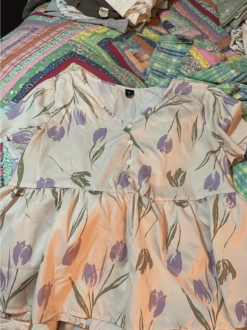 SHEIN Cream Peplum Blouse with Lavender Tulip Print